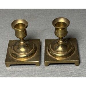 Vintage Solid Brass Candlesticks-Pair-Footed Square Base-MCM Decor